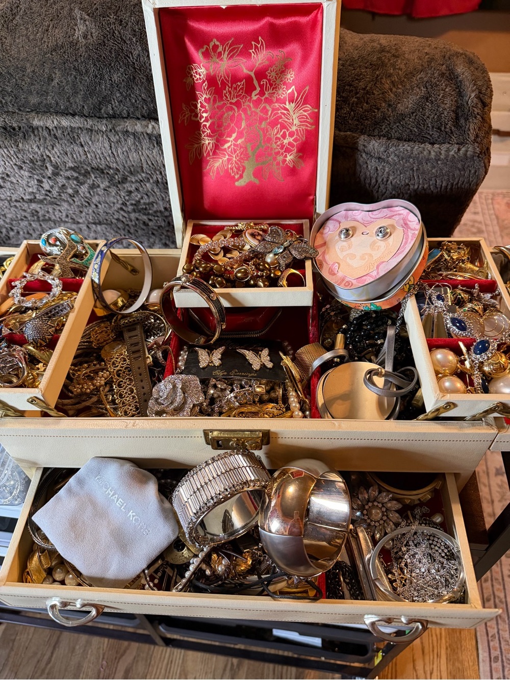 Vintage ADDED items Signed Jewelry in  Buxton Box  139 pieces